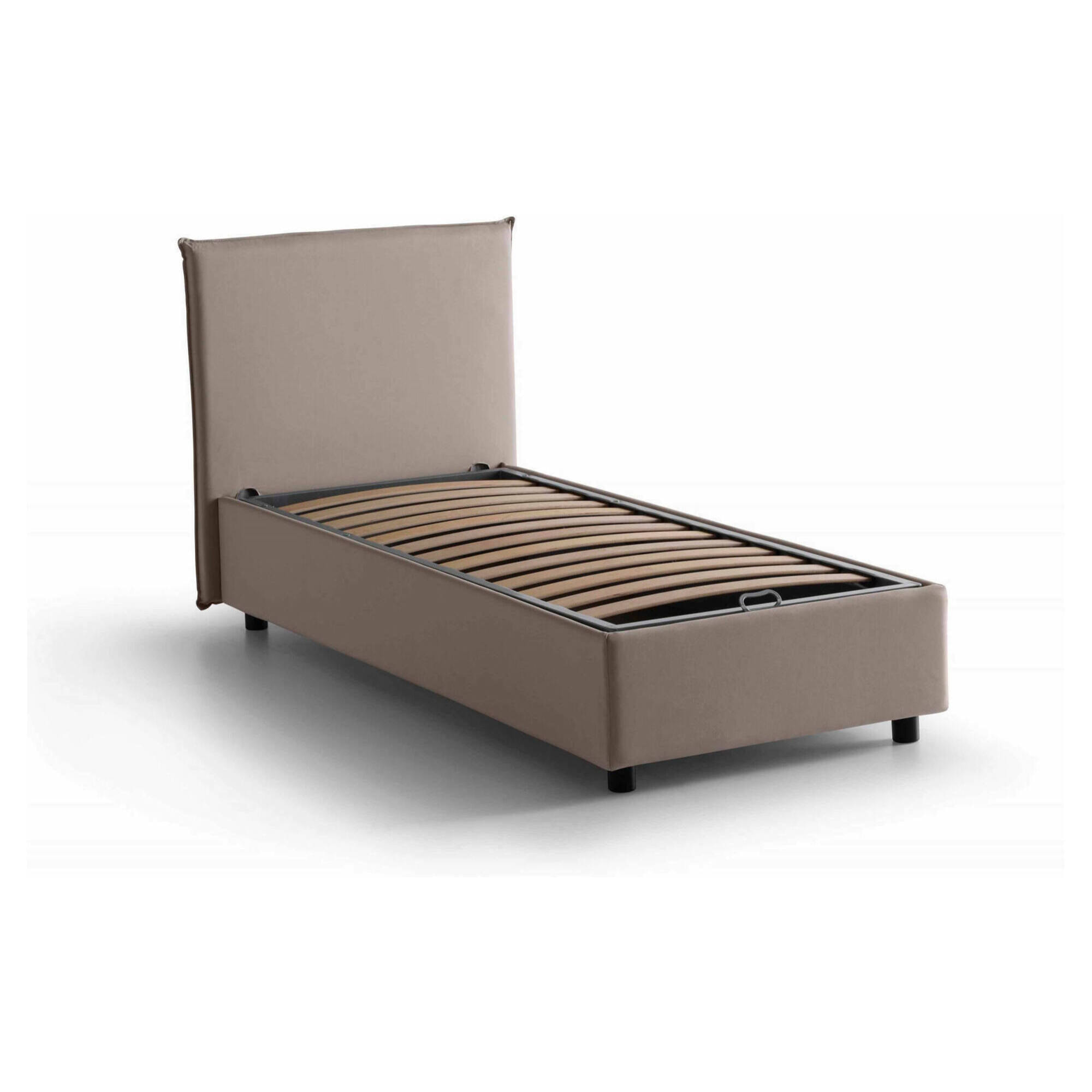 Letto singolo Acuila, Letto contenitore con rivestimento in tessuto, 100% Made in Italy, Apertura laterale, adatto per materasso Cm 80x190, Tortora