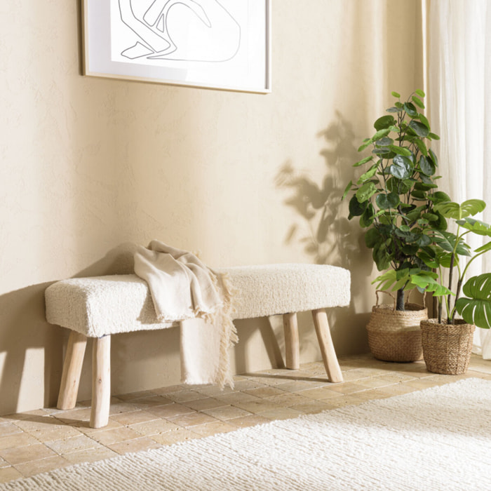 CHARLES - Banc 120x40cm en laine texturée ivoire pieds en bois naturel