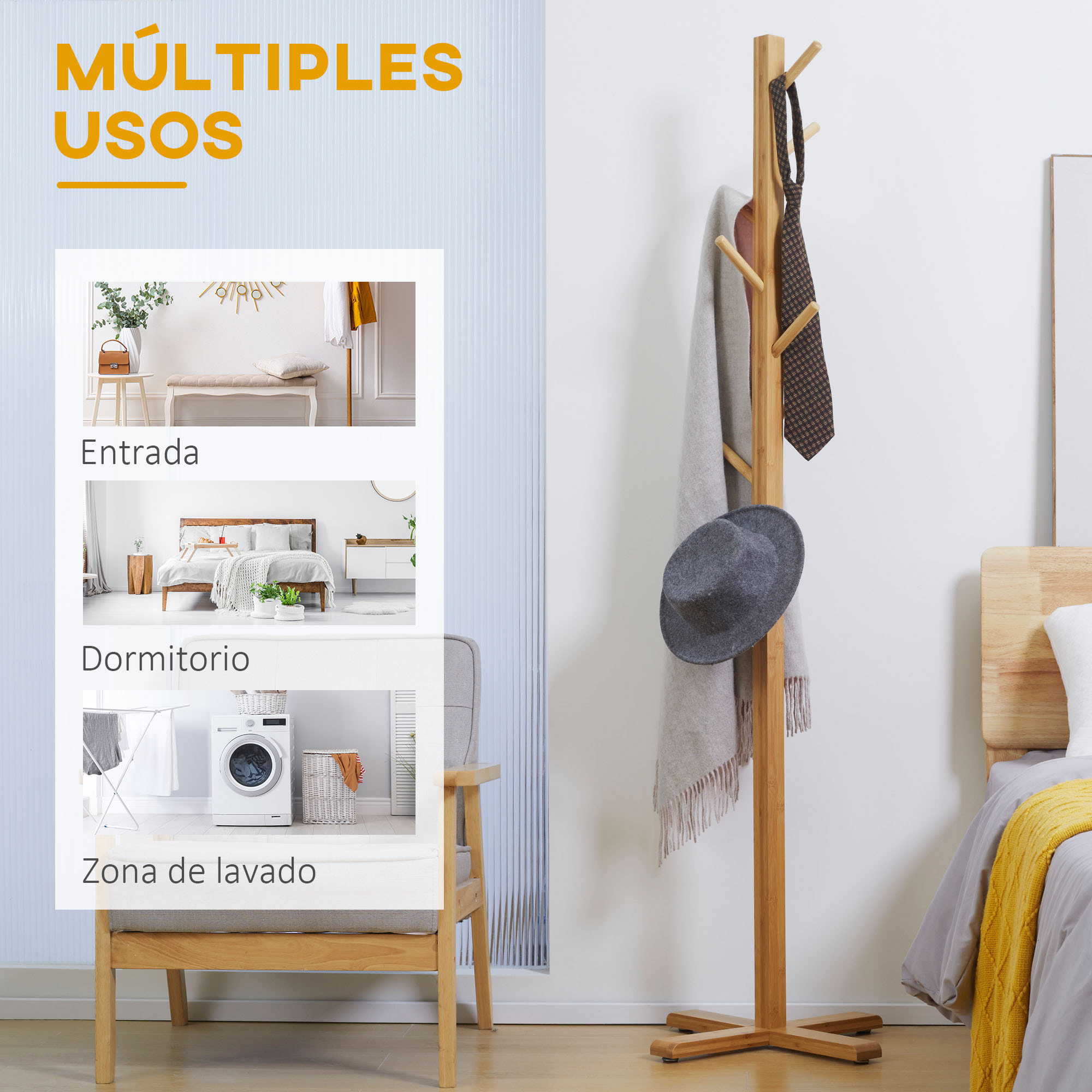 Perchero de Pie de Bambú, Perchero para Ropa con 8 Ganchos, Forma de Árbol, para Colgar Bolsas, Sombreros, en Pasillo, Entrada, Dormitorio, 49,5x49,5x178 cm, Natural