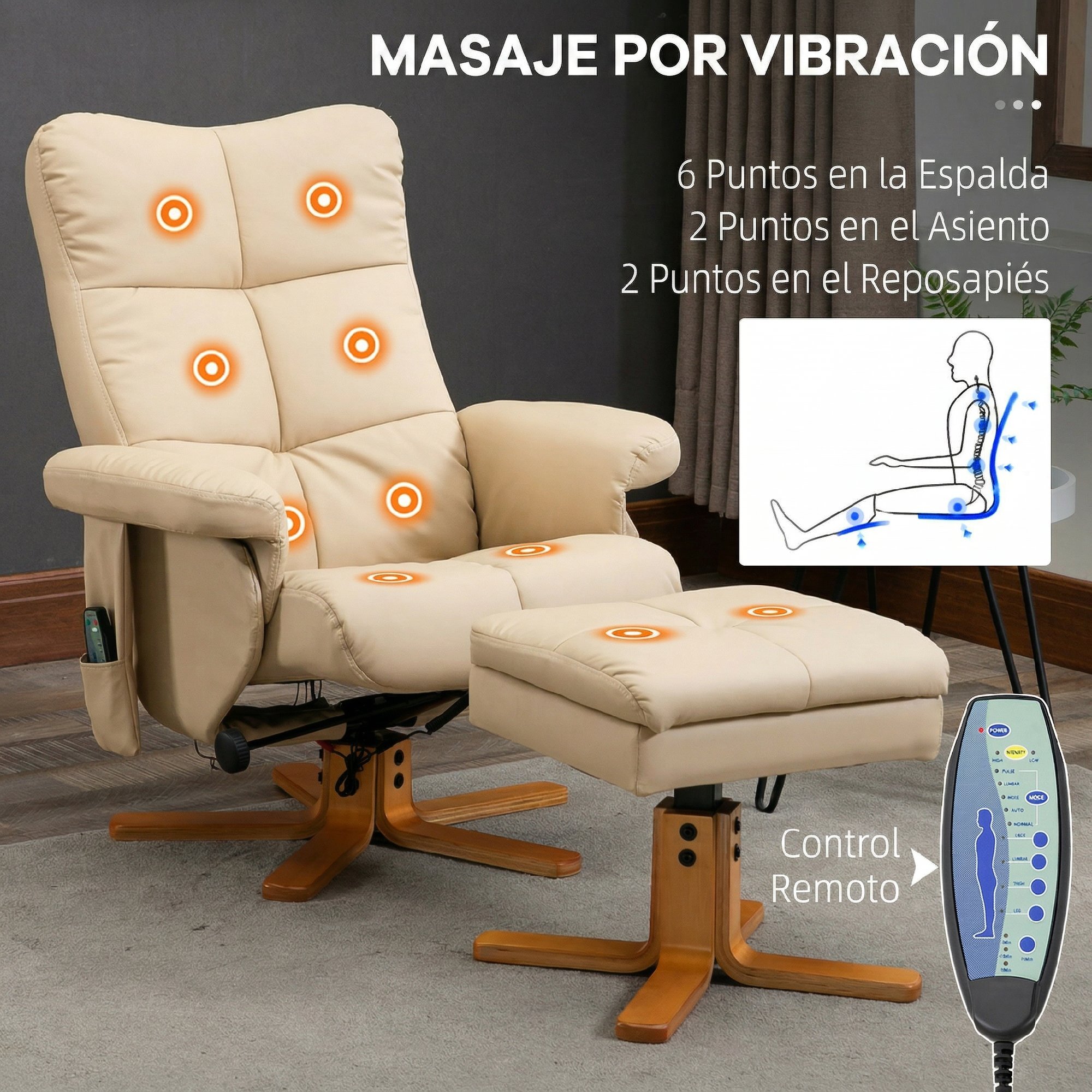 Sillón Relax Reclinable con Reposapiés Sillón de Masaje Eléctrico de PU con 10 Puntos de Masaje Función Reclinable Giratorio 360° Mando a Distancia Bolsillo Lateral para Salón Oficina Crema