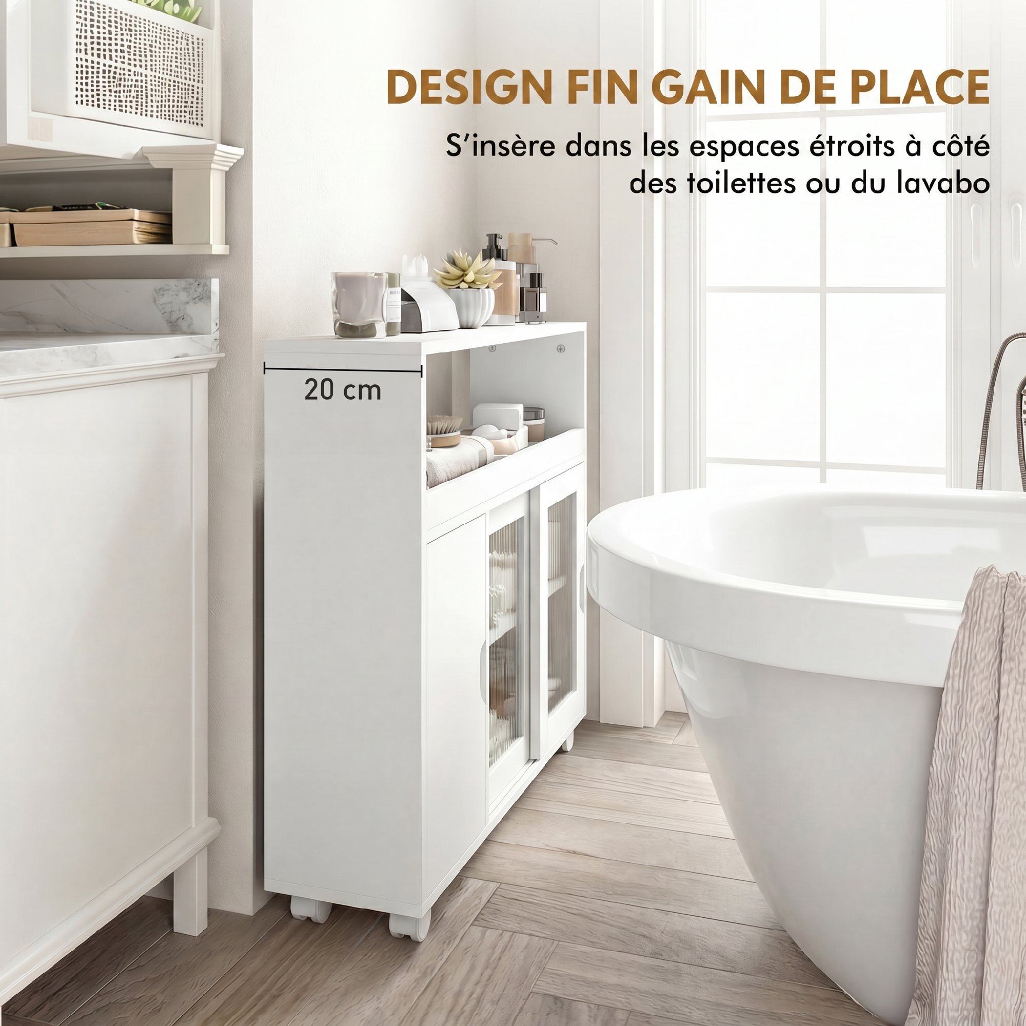 Desserte salle de bain 2 + 1 portes étagère niche 2 compartiments blanc