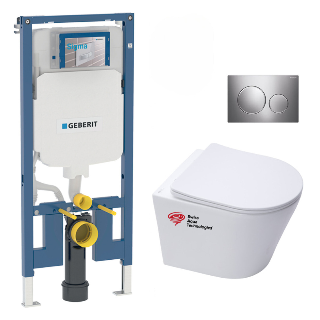 Pack WC Bati-support Geberit extra-plat + WC Swiss Aqua Technologies sans bride + Abattant softclose + Plaque chrome