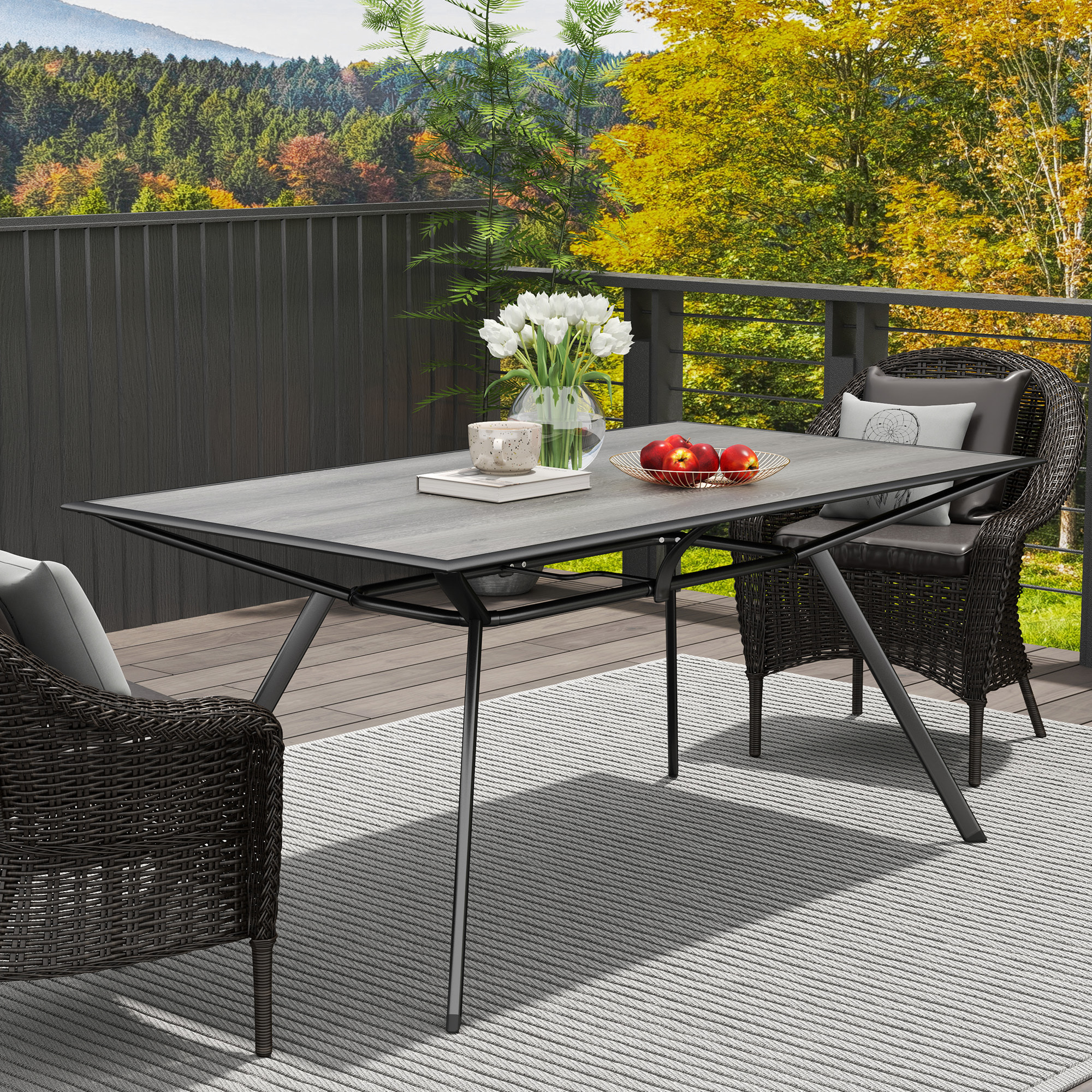 Mesa de Jardín Exterior Mesa de Comedor Exterior con Encimera Imitación Madera y Estructura de Acero Carga 70 kg Mesa Rectangular para 6 Personas para Patio Terraza Gris
