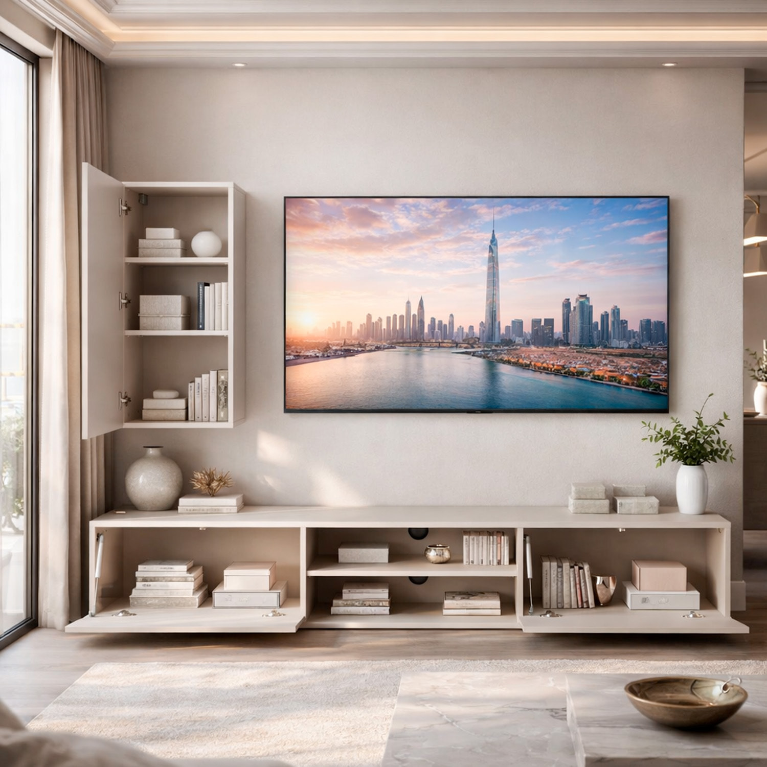 Parete Attrezzata Mobile Porta TV Colonna Ante Push Open Vani Aperti Soggiorno Design Geometrico Moderno 180 x 45 x 180 Cm Cashmere Con Effetto Righe