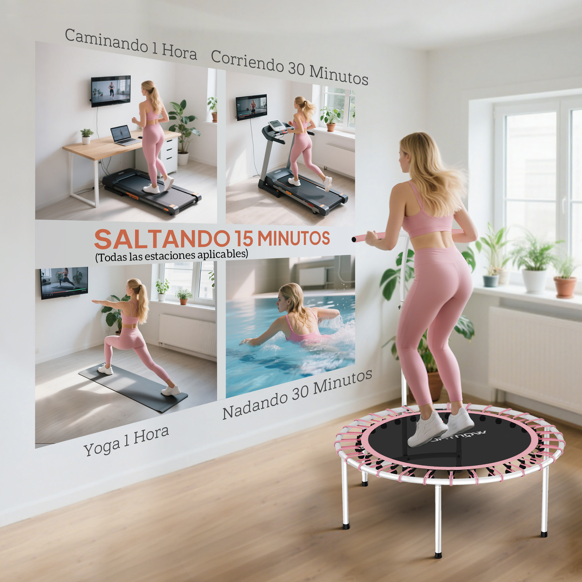 Trampolín de Fitness Adultos Ø102 cm, Mini Cama Elástica Fitness con Mango Ajustable de 5 Niveles, Marco de Acero, para Entrenamiento Piernas, Cuerpo en Hogar, Oficina, Gimnasio, Rosa