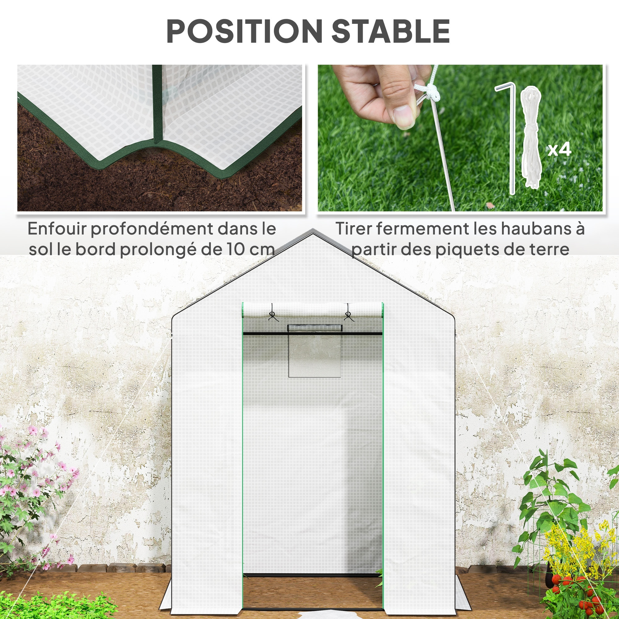 Serre de jardin 4 tablettes dim. 1,43L x 0,74l x 1,9H m porte déroulante fenêtre acier PE haute densité blanc