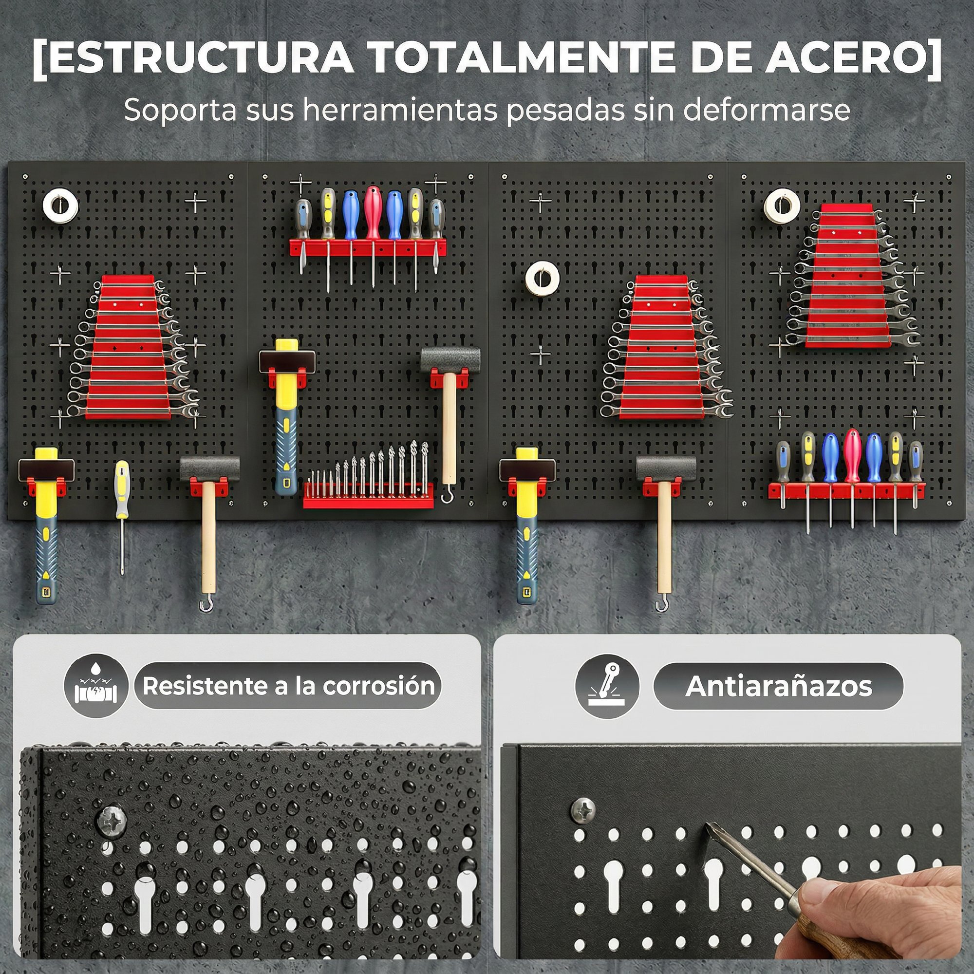 4 Paneles de Herramientas de Pared, 38 Piezas, cada panel 60x40 cm, Organizador de Herramientas de Pared con Ganchos y Estantes, para Garajes y Bricolaje, Negro y Rojo