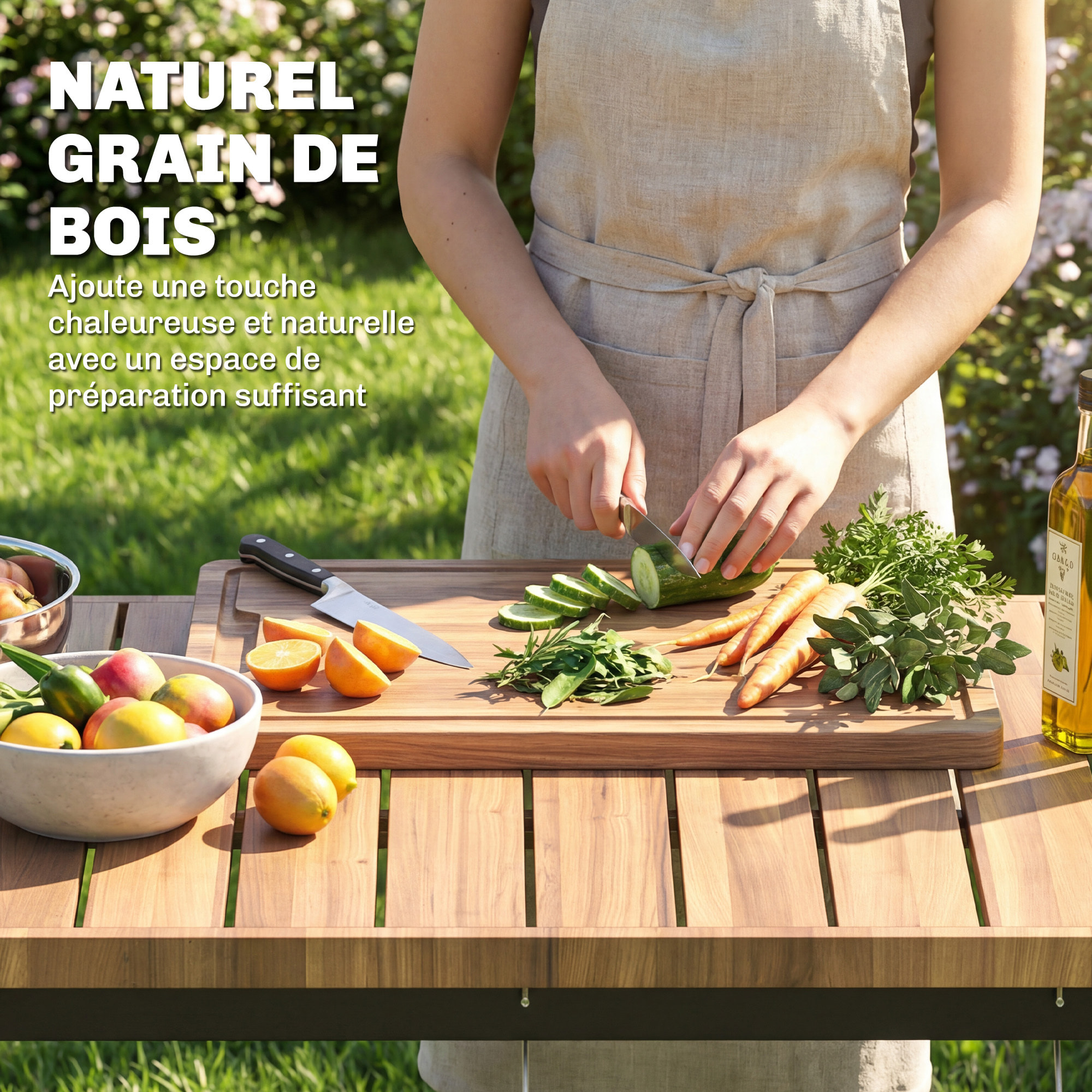 Desserte de jardin métal bois étagère range épices 6 crochets ustensiles plateau poignée