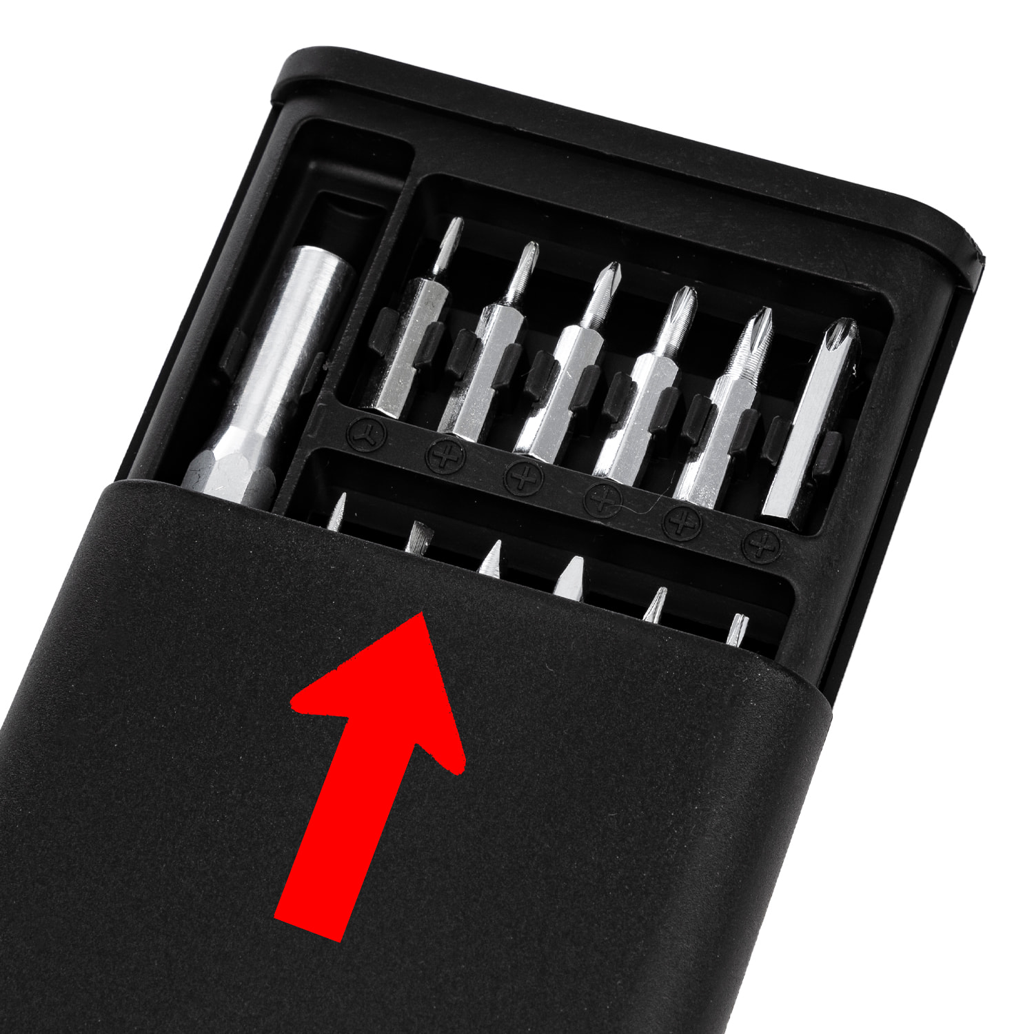 Juego de destornillador 24 en 1 con cuerpo metálico, carcasa con apertura por deslizamiento y puntas de acero.