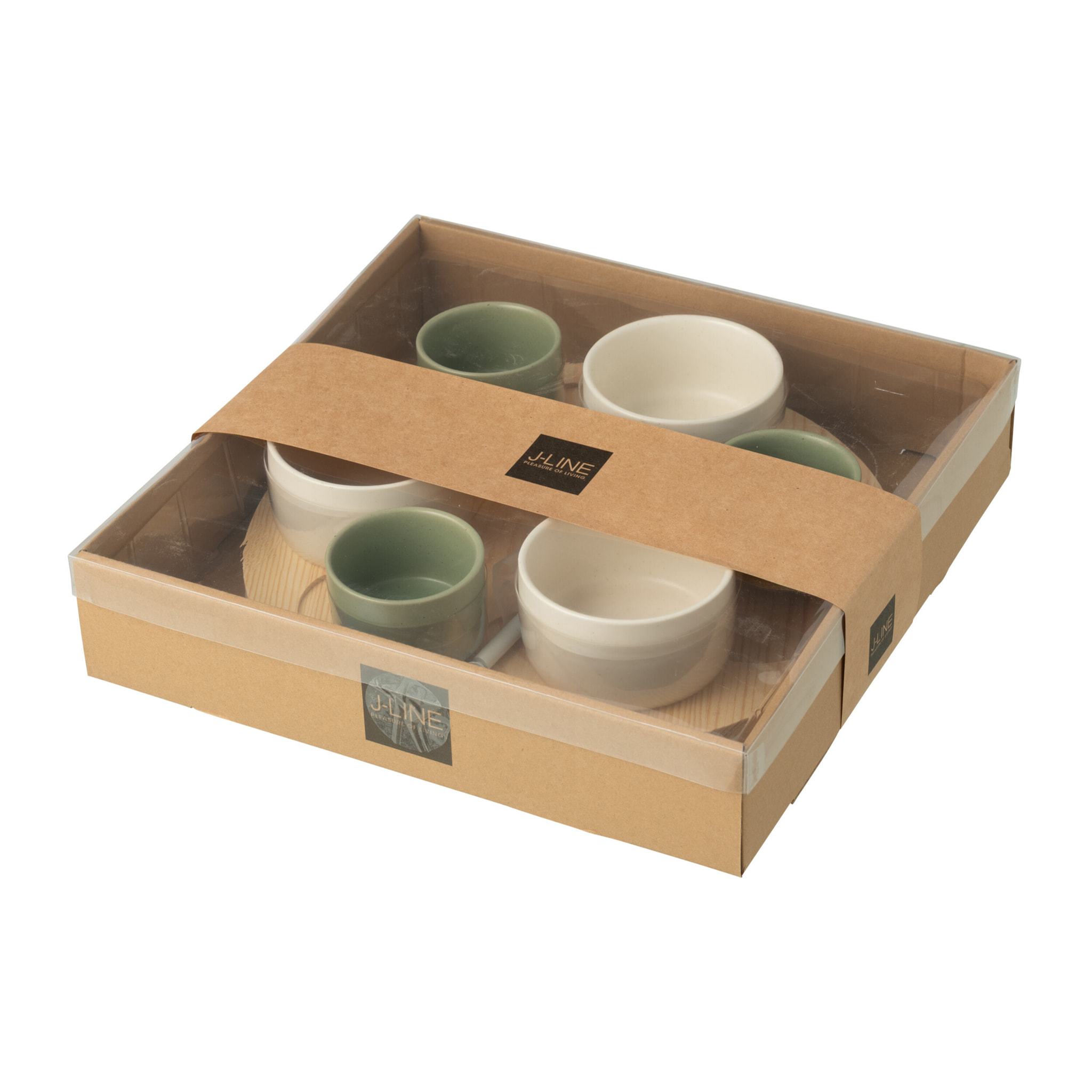 J-Line planche à tapas 6 bols + plat en bois - céramique/bois - blanc/vert