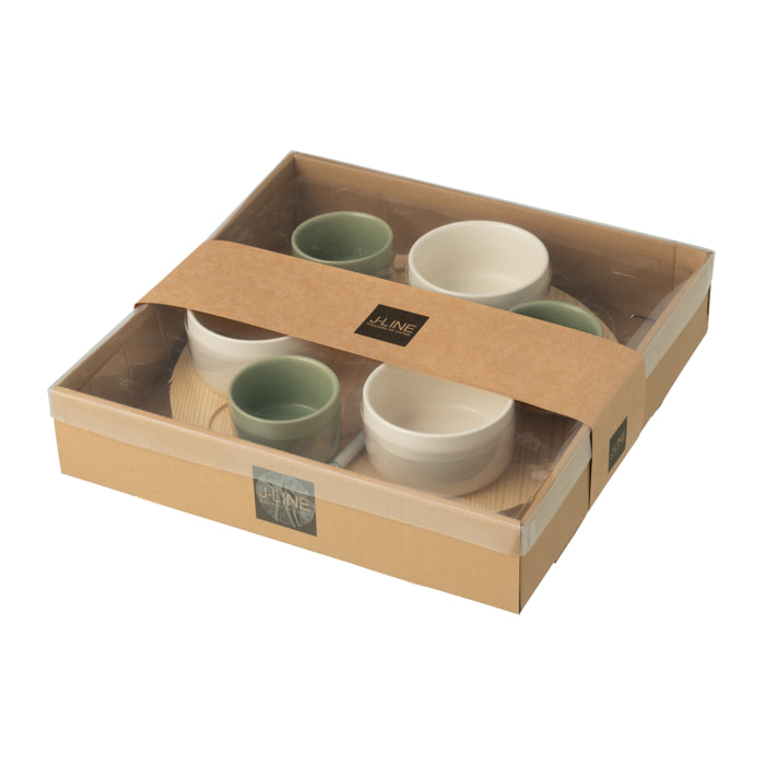 J-Line planche à tapas 6 bols + plat en bois - céramique/bois - blanc/vert