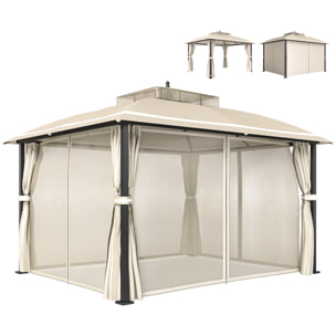 para Jardín 3x3,7 m, Pabellón de Jardín Gazebo con Doble Techo, Paredes Laterales, Mosquiteras, Marco de Metal, Resistente al Agua, Anti-UV, Carpa para Exterior, Terraza, Patio, Beige