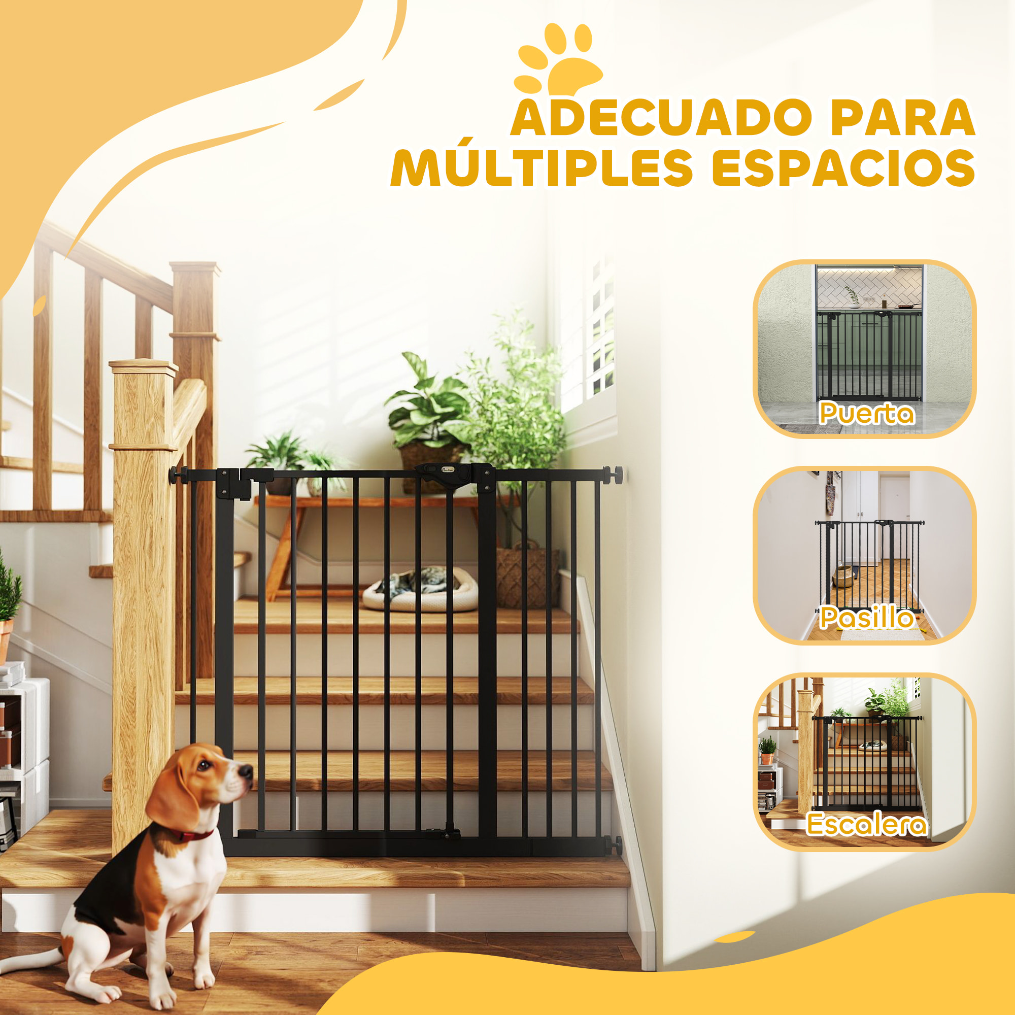 Barrera de Seguridad para Perros Extensible 74-94 cm, para Puertas y Escaleras, Barrera para Perros con Montaje a Presión, Doble Bloqueo y Extensión de 14 cm, Negro