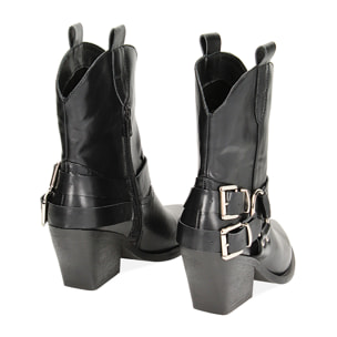 Tronchetti texani neri con fibbie, tacco 6,5 cm