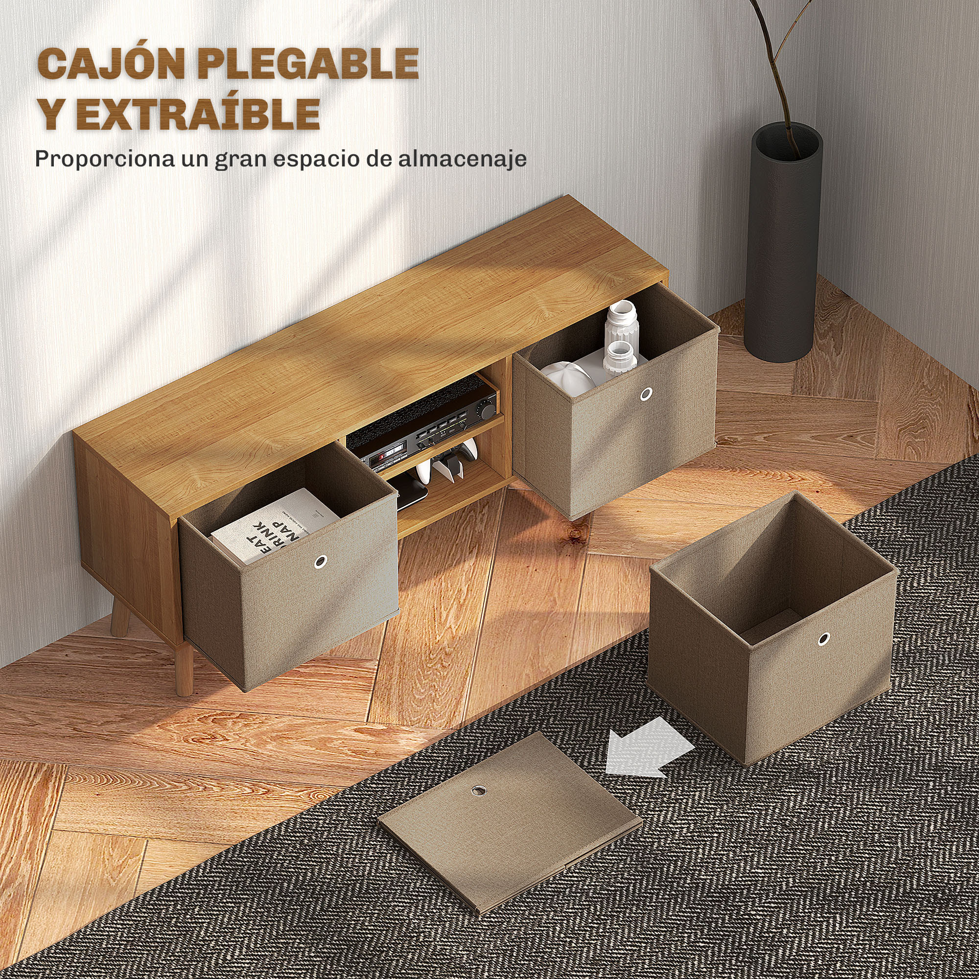 Mueble de TV, Mesa de TV con 2 Cajones de Tela, 2 Estantes Abiertos, Orificios para Cables, para Televisores hasta 50 Pulgadas, Largo de 110 cm, para Salón, Dormitorio, Madera y Marrón