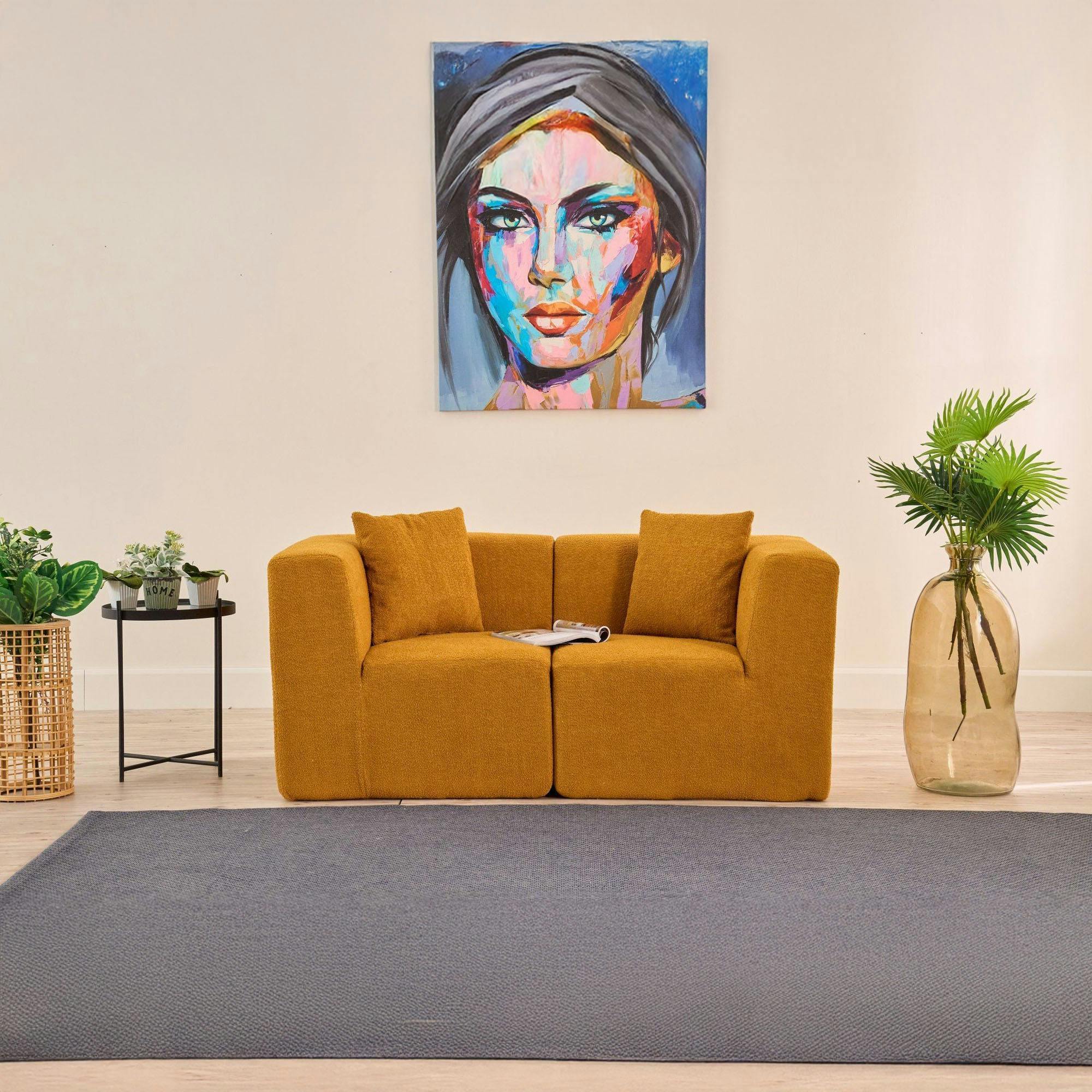 Canapé 2 places compact moutarde tissu chenille PLOVIA