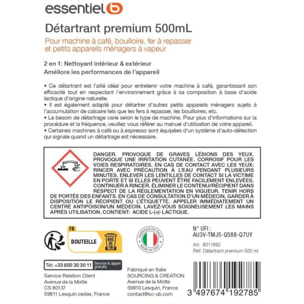 Détartrant ESSENTIELB Premium 500mL multi-appareils, efficace contre le calcaire