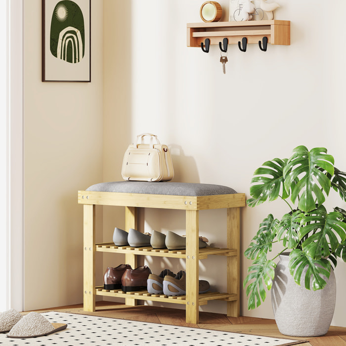 Banco Zapatero de Bambú Zapatero con Asiento Acolchado 2 Estantes para 6 Pares de Zapatos para Entrada Dormitorio 60x29x49 cm Natural y Gris