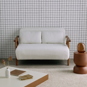 Banquette canapé convertible 2 places bois d'hévéa teinté noyer clair et bouclette texturée blanche L 133 x P 81 x 84cm - Sven