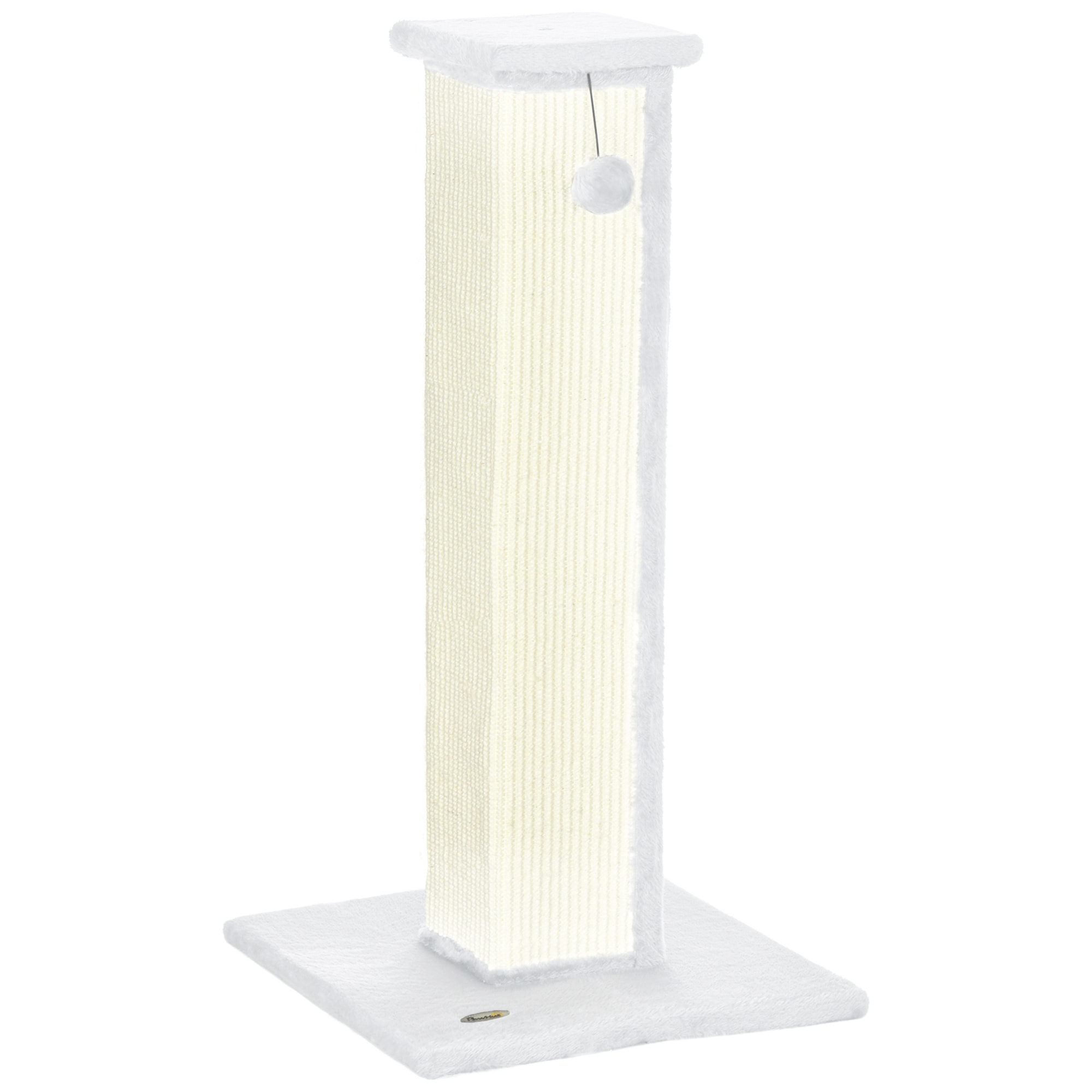 Griffoir tour pour chat H.81 cm - poteau à griffer avec jeu balle suspendue - peluche blanc sisal naturel