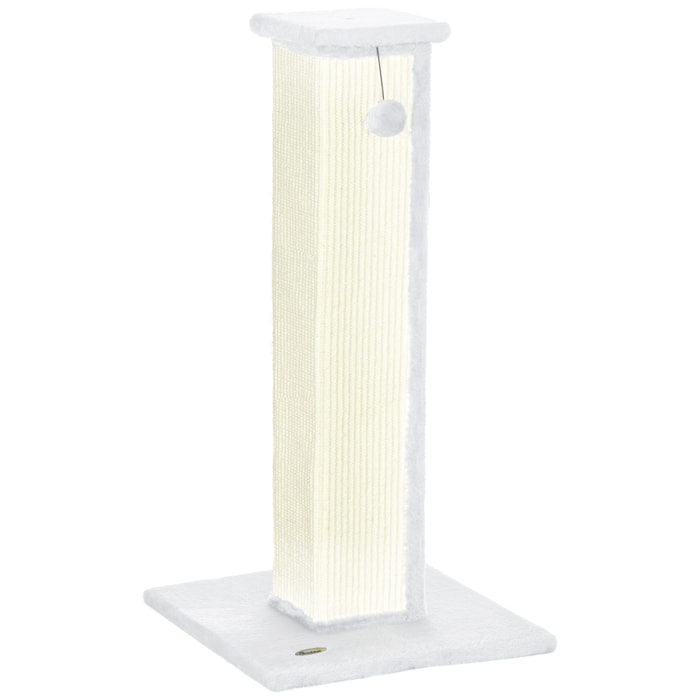 Griffoir tour pour chat H.81 cm - poteau à griffer avec jeu balle suspendue - peluche blanc sisal naturel