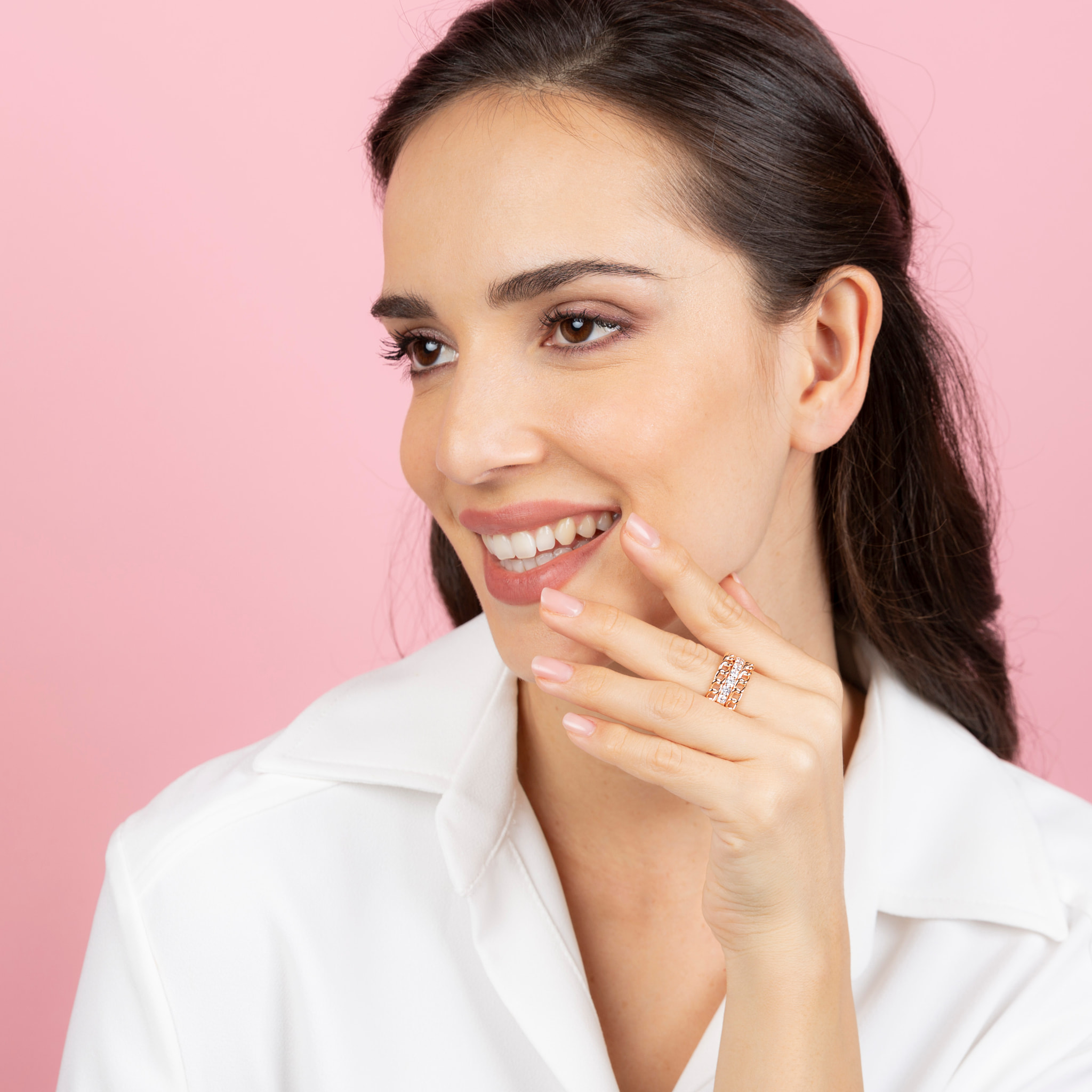 Anello a Fascia con Catena Grumetta e Riviera in Cubic Zirconia