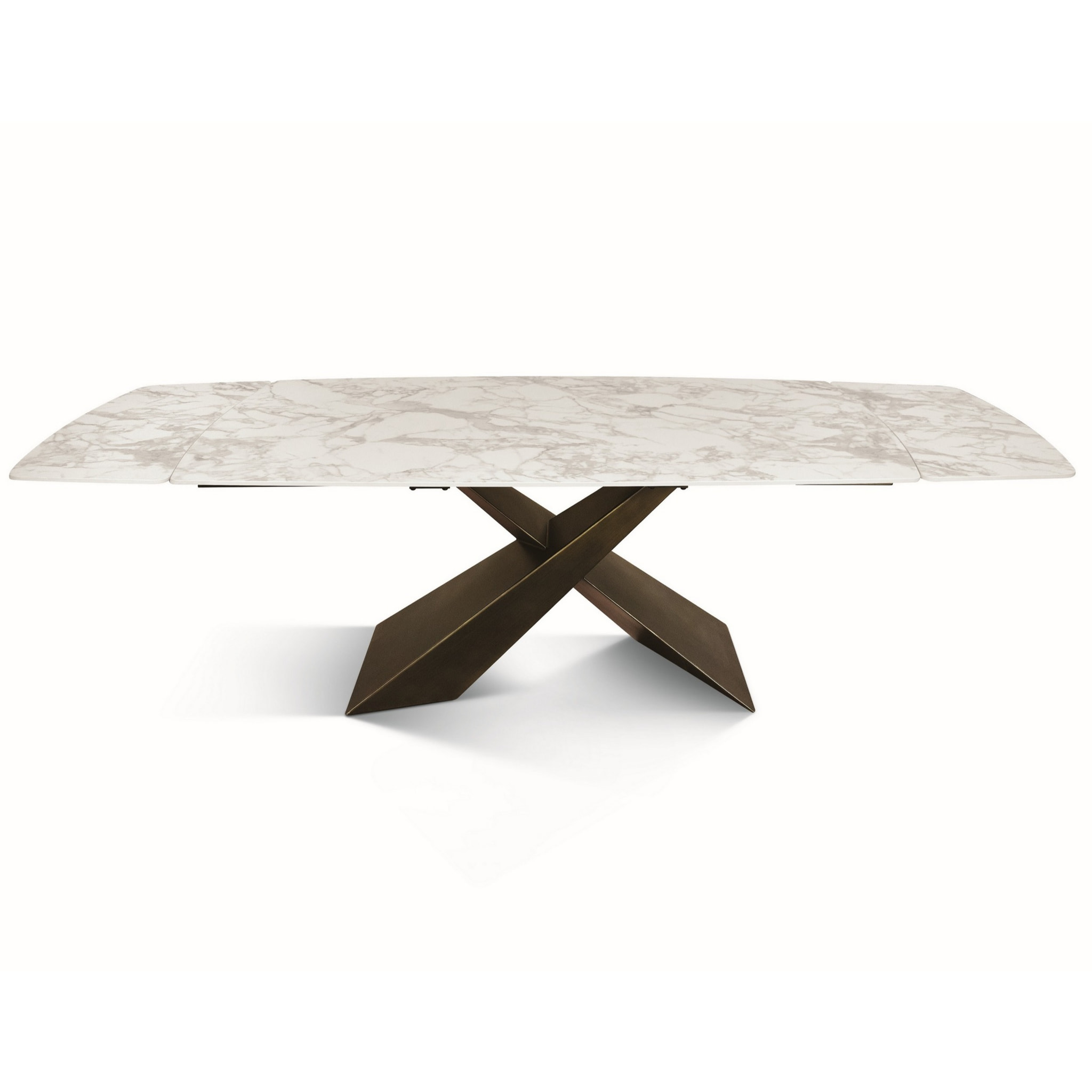 Tavolo FIGARI in vetroceramica bianco arabesco con gambe a X in metallo bronzo, allungabile 160x90 cm - 240x90 cm