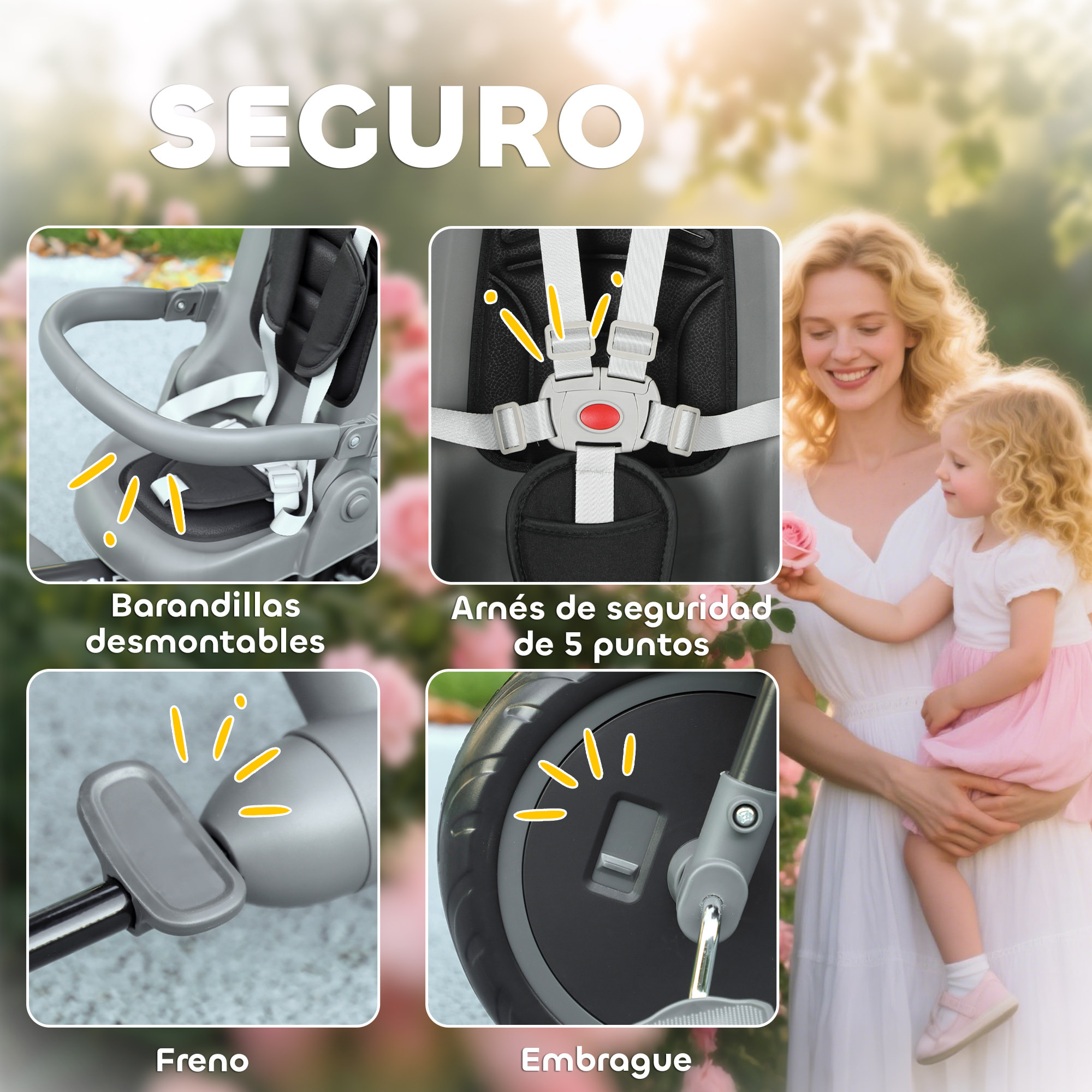 Triciclo Evolutivo 6 en 1, Triciclo para Bebés Plegable, 1-5 Años, Asiento Giratorio de 360°, Mango Parental, Respaldo Reclinable, Toldo, Cinturón de Seguridad, Cesta, Reposapiés, Negro