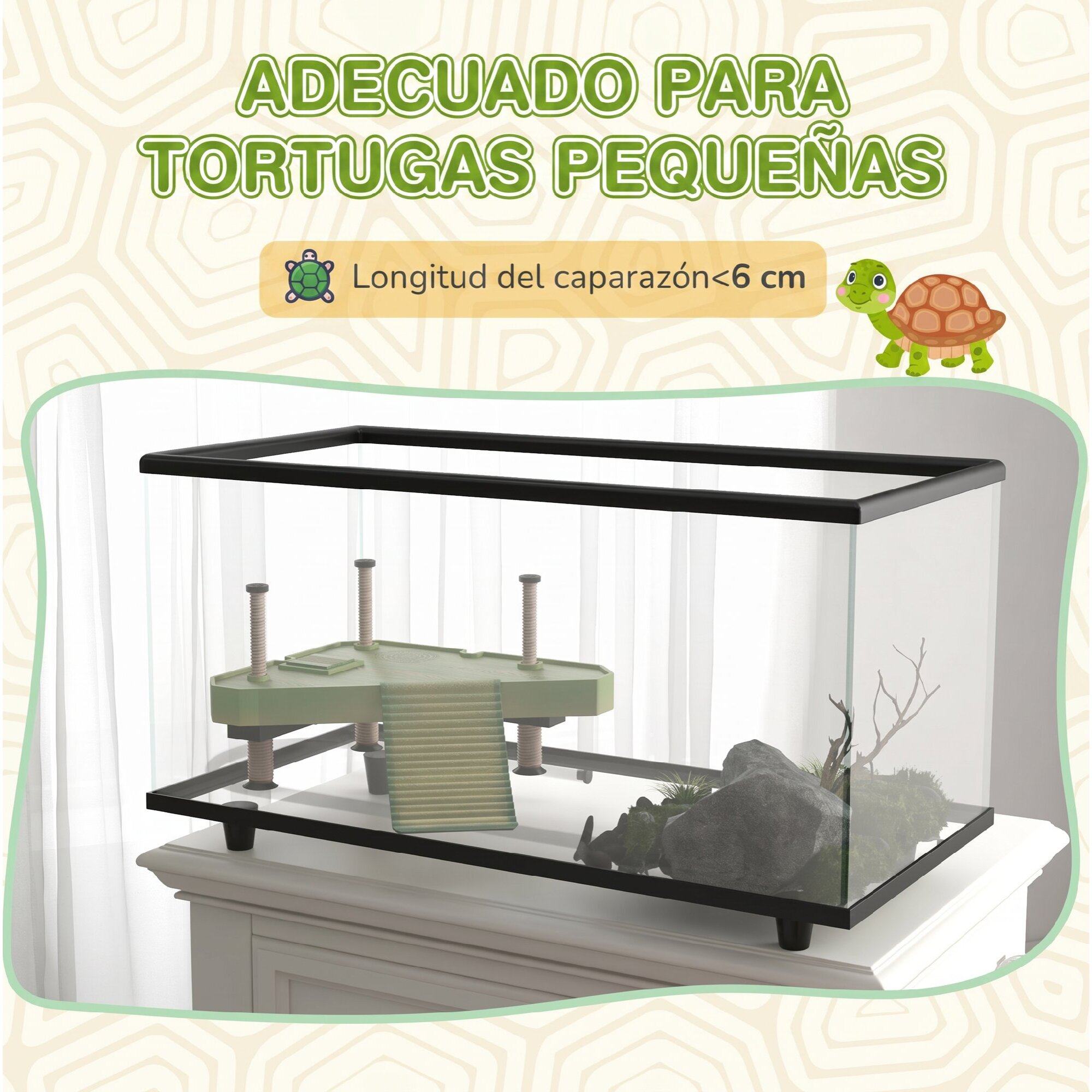 PawHut Acuario para Tortugas 50L, Terrario de Tortugas Pequeñas con Plataforma, Rampa, Drenaje Fácil y Termómetro Adhesivo, 60x30x32 cm, Transparente