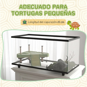 PawHut Acuario para Tortugas 50L, Terrario de Tortugas Pequeñas con Plataforma, Rampa, Drenaje Fácil y Termómetro Adhesivo, 60x30x32 cm, Transparente