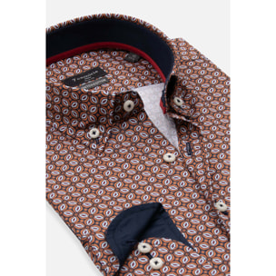 camicia uomo 1 bottone button down slim Popeline Stretch Stampato Blu/Arancio