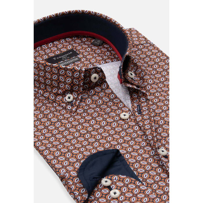 camicia uomo 1 bottone button down slim Popeline Stretch Stampato Blu/Arancio