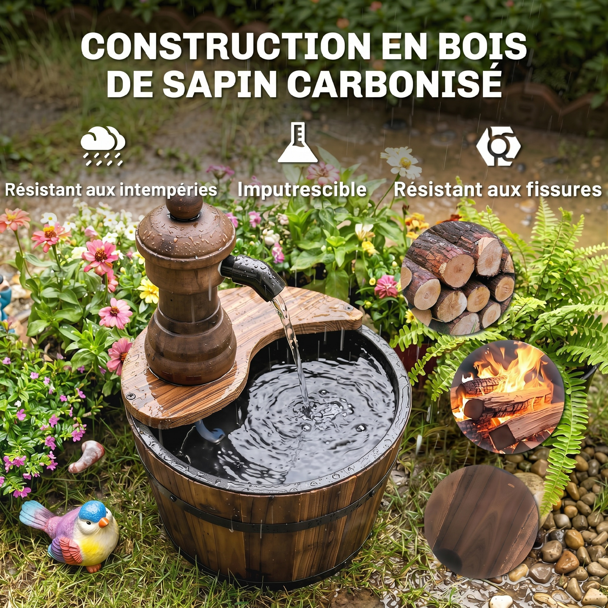 Fontaine de jardin tonneau pompe à eau submersible incluse Ø 27 x 37H cm bois de pin marron