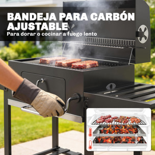 Barbacoa de Carbón Portátil, Barbacoa de Carbón Móvil con Bandeja Ajustable, Estantes Plegables, Termómetro, Tapa, Chimenea, Ventilaciones, Cajón de Cenizas, Ruedas, Cesta Lateral, Asa, Negro