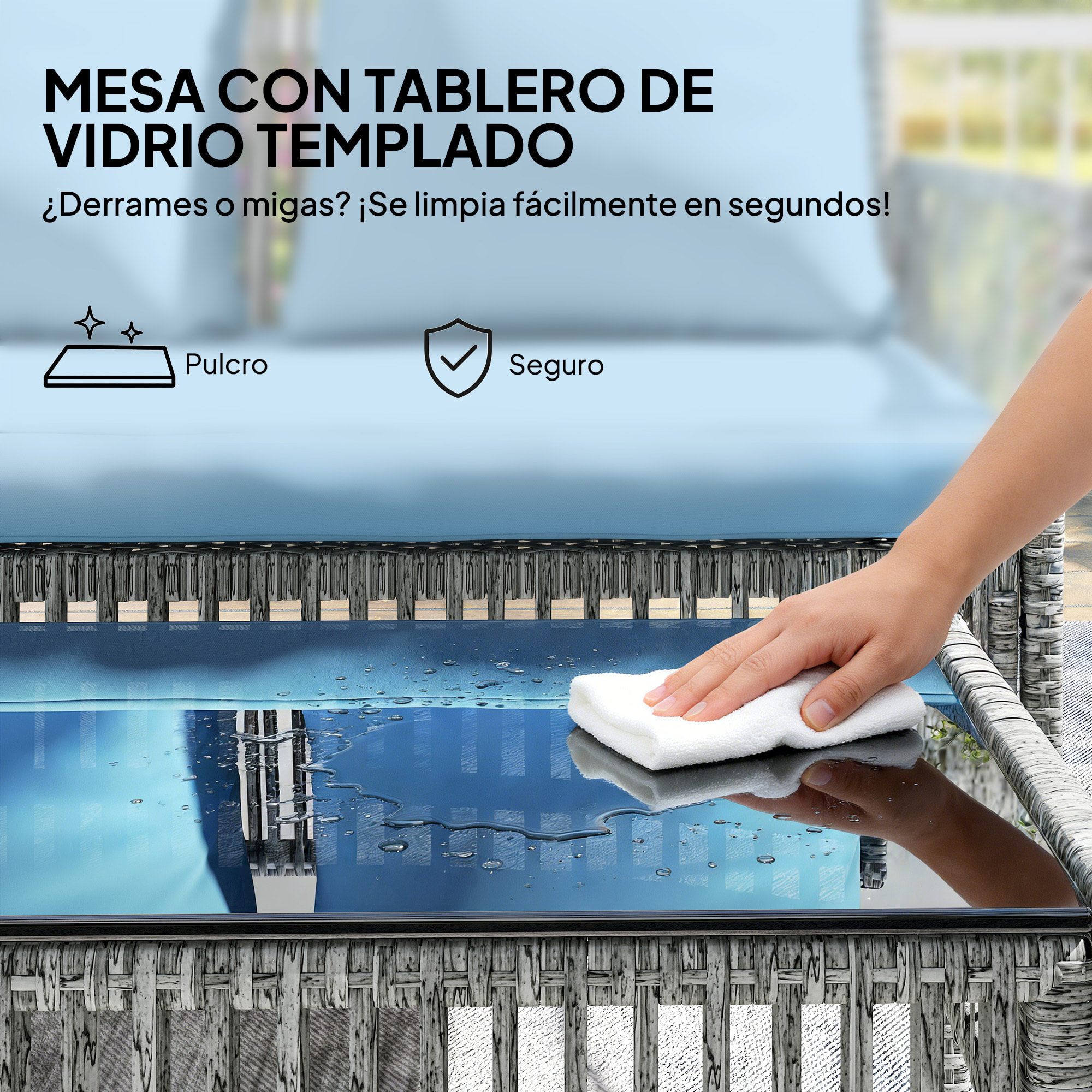 Conjunto de Jardín de Ratán de 3 Piezas, Muebles Jardín Exterior Incluye 1 Sofá de 2 Plazas, 1 Sofá Esquinera, 1 Mesa de Centro con Tablero de Vidrio Templado, Cojines, Resistente, Azul Claro