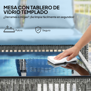 Conjunto de Jardín de Ratán de 3 Piezas, Muebles Jardín Exterior Incluye 1 Sofá de 2 Plazas, 1 Sofá Esquinera, 1 Mesa de Centro con Tablero de Vidrio Templado, Cojines, Resistente, Azul Claro