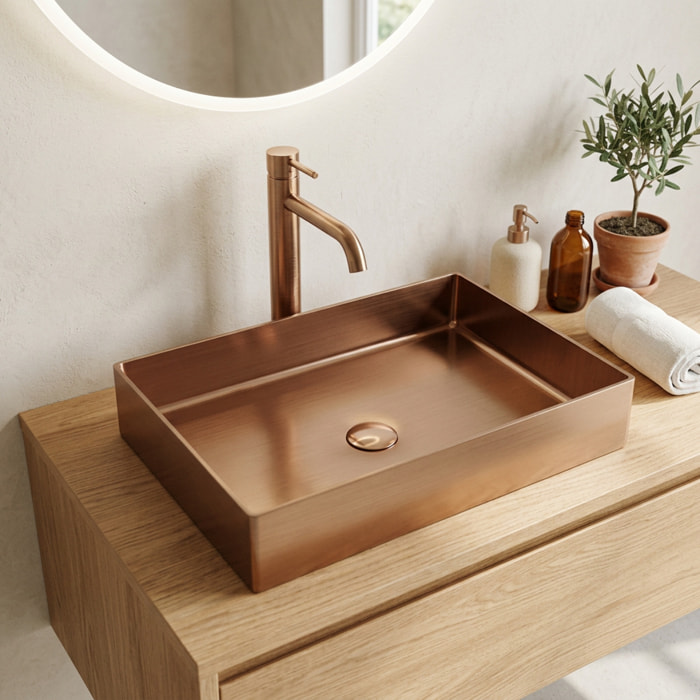 Vasque à poser rectangulaire en inox 55 x 38 cm - or rosé brossé - sans trop-plein - bonde incluse - SAT Aurum