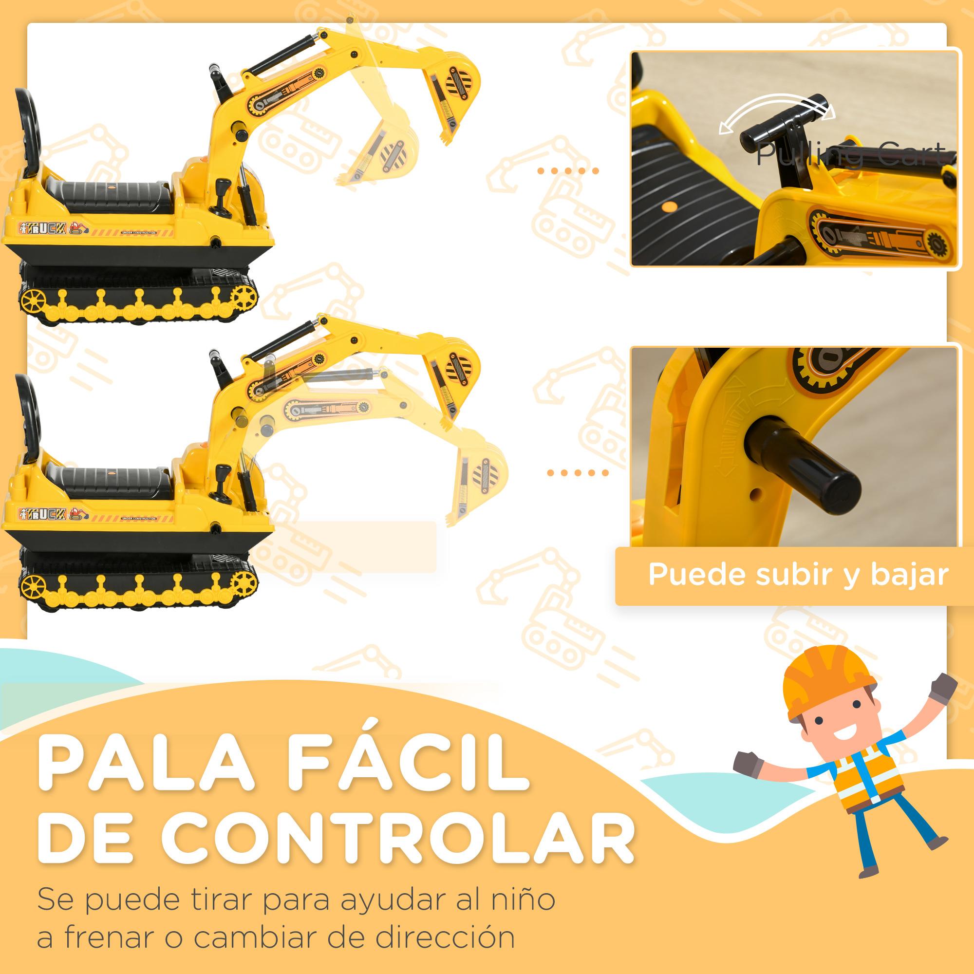 Excavadora sin Pedales para Niños de +3 Años Excavadora Correpasillos Camión de Construcción con Asiento de Almacenamiento Pala Delantera y Bocina Carga 30 kg 78x24x58,5 cm Amarillo