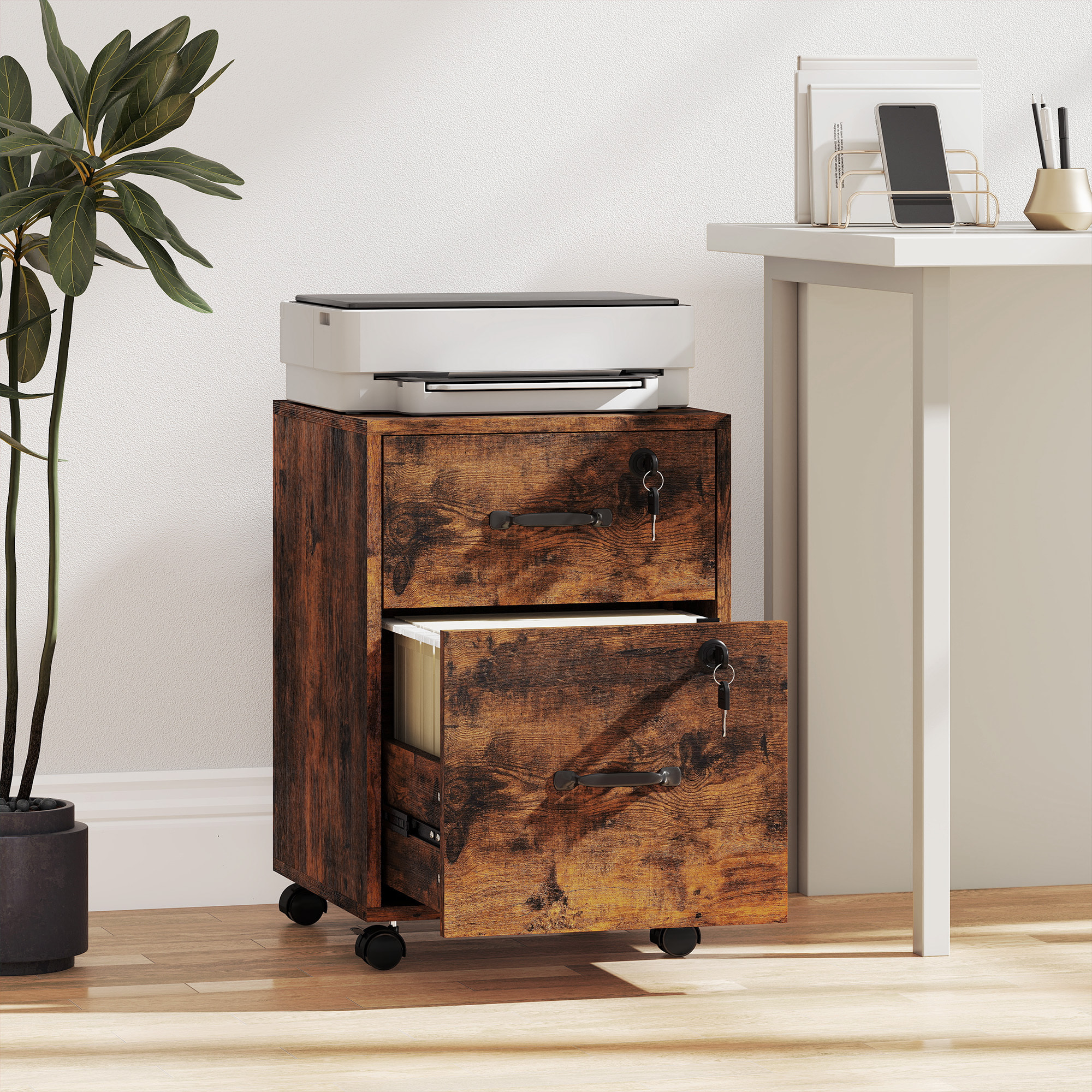 Caisson bureau verrouillable mobile 2 tiroirs coulissants trieur dossiers effet bois