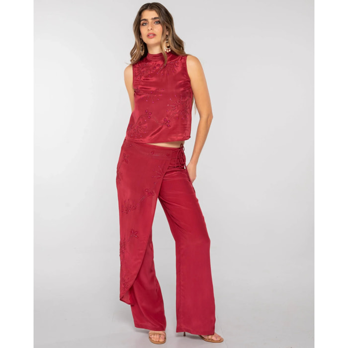 Pantalón de vestir con sobre capa bordada con abalorios de mujer
