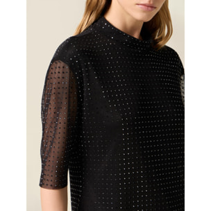 Oltre - T-shirt in tulle con cristalli neri - Nero