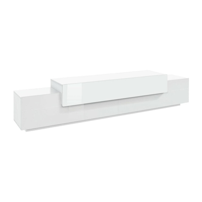 Mobile porta TV Tiche, Credenza bassa da soggiorno, Base porta televisione, 100% Made in Italy, cm 240x45h52, Bianco lucido