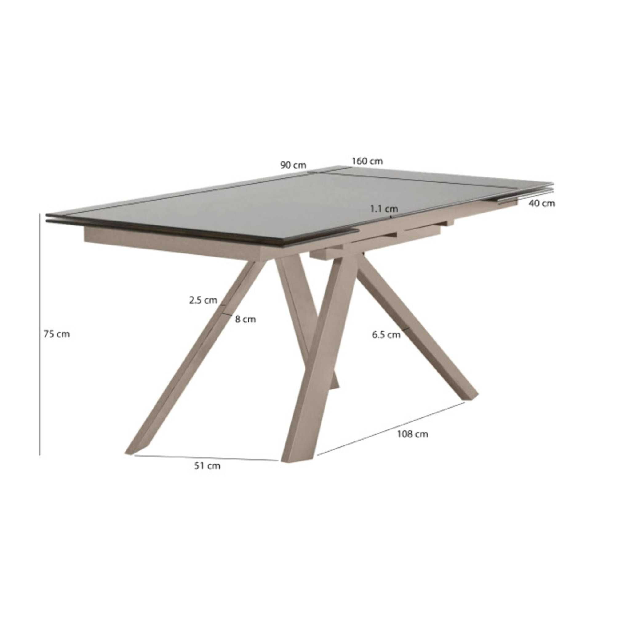 Table de repas extensible verre trempé piétement métal 160/240 cm - BOLTON