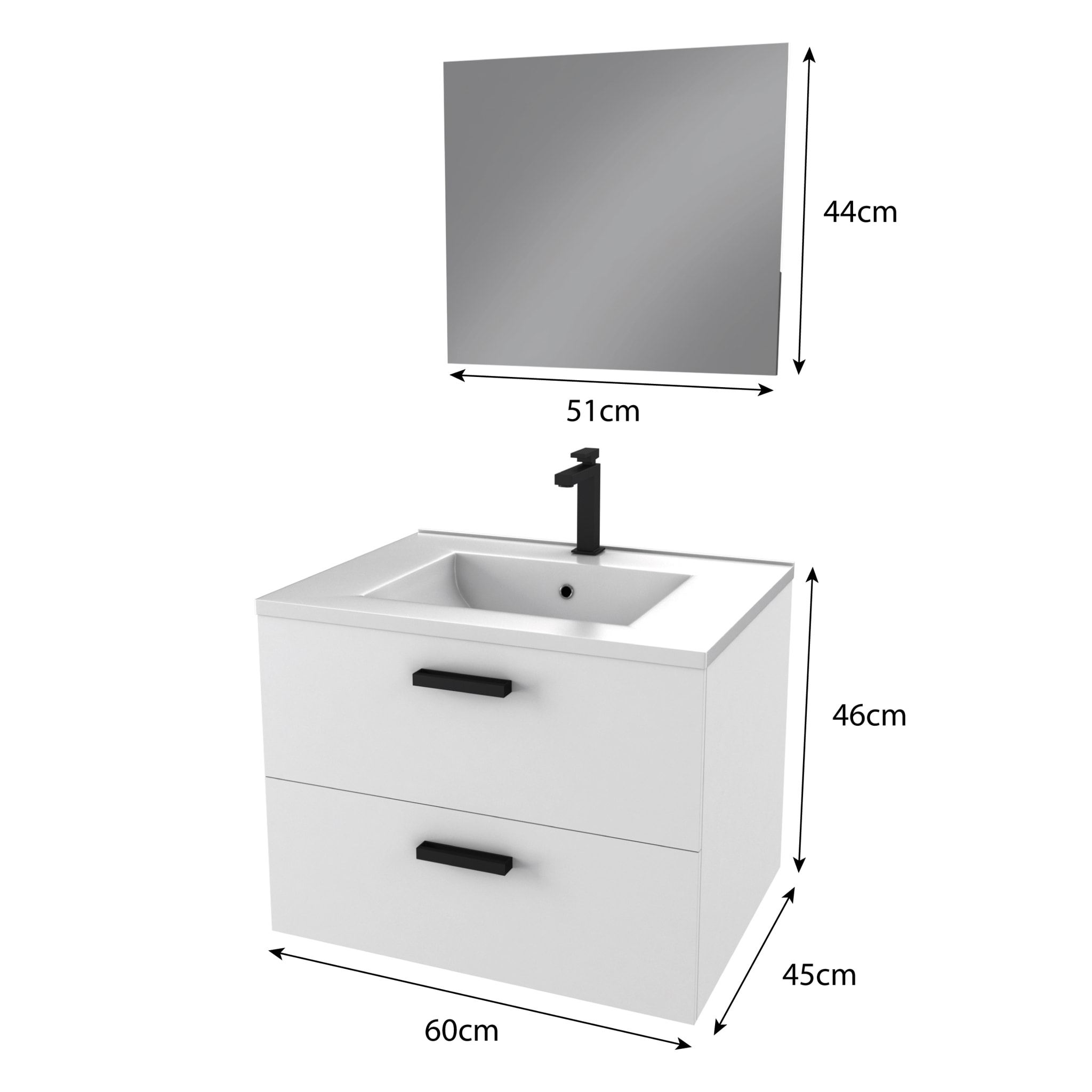 Meuble salle de bain 60 cm suspendu 2 tiroirs Blanc avec vasque et miroir - BOX-IN
