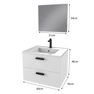 Meuble salle de bain 60 cm suspendu 2 tiroirs Blanc avec vasque et miroir - BOX-IN