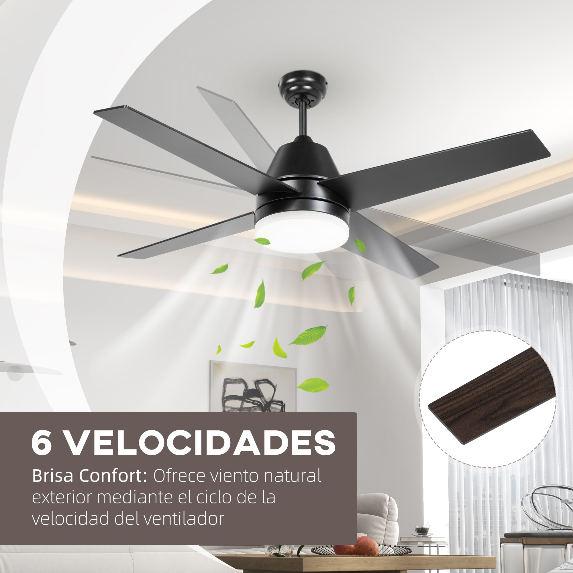 Ventilador de Techo con Luz 46W Ø129 cm Motor DC Ventilador de Techo Silencioso con 4 Aspas Reversibles Mando a Distancia 6 Velocidades y Temporizador para Dormitorio Salón