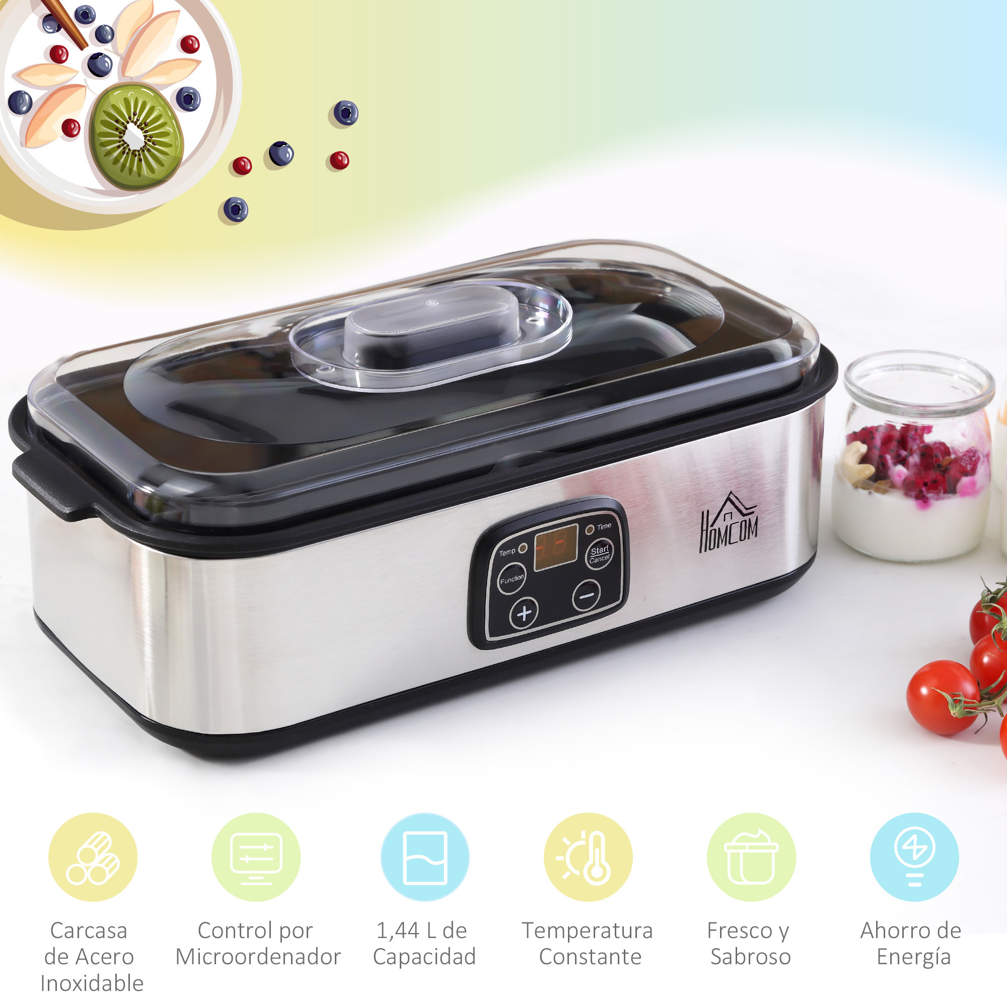 Yogurtera 30W Capacidad 1,44L con 8 Tarros de Cristal de 180 ml Termostato Ajustable Temporizador de 1-48 Horas y Apagado Automático 36x18,8x14 cm Plata