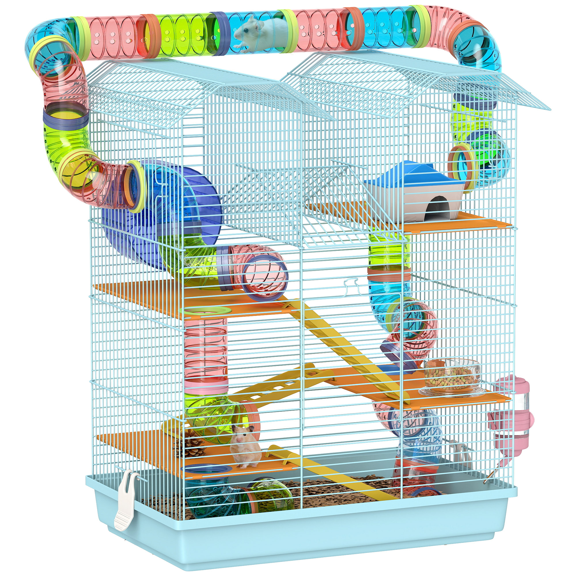 Jaula para Hámster Hábitat para Animales Pequeños de Múltiples Niveles con 4 Plataformas Cuenco de Comida Bebedero Rueda de Ejercicio Escaleras Sistema de Tubos 47x30x59 cm Azul Claro