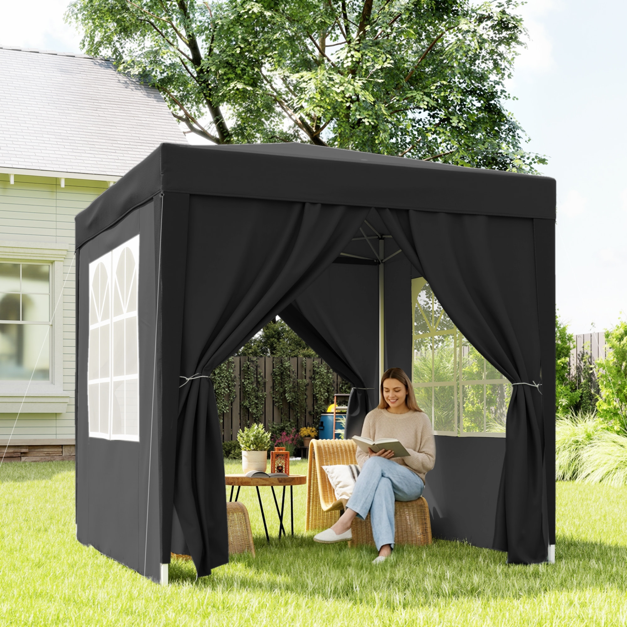 Tonnelle de jardin tente pliante barnum pop-up 2 x 2 m 4 parois latérales amovibles 2 fenêtres sac de transport noir