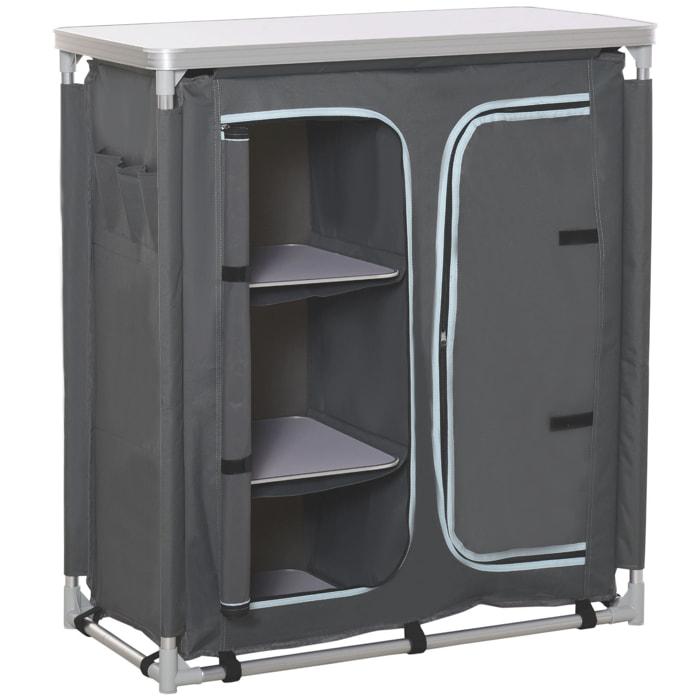 Armario de Camping Plegable Mueble de Cocina para Camping con 3 Estantes Compartimento Puerta con Cremallera Estructura de Aluminio y Bolsa de Transporte para Exterior 96x49,5x104 cm Gris